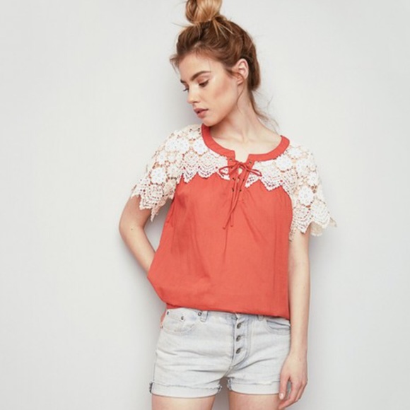 Orange Boho Lightweight Cream Lace Short Sleeves - Picture 2 of 5